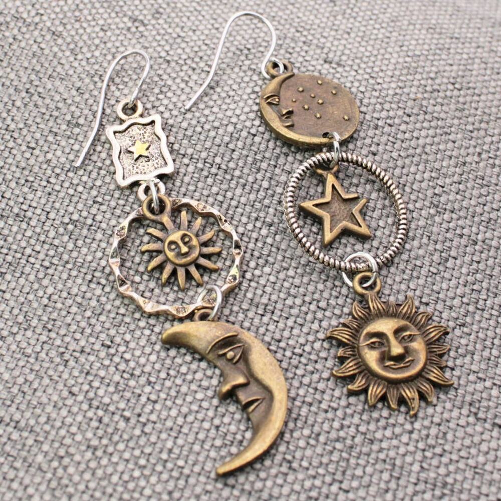 ZAD Sun & Moon Dangle Earrings in Antique Gold and Silver Tones